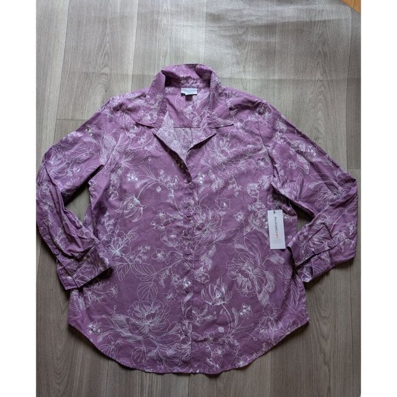 Liz Claiborne Purple Floral Button-Up Blouse L Linen/Cotton Blend Womens Shirt - Picture 2 of 9